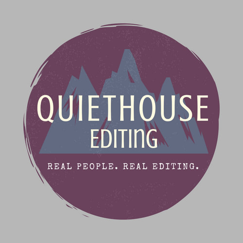 Quiethouse Editing logo, stylized blue mountains on a purple circle with the words 